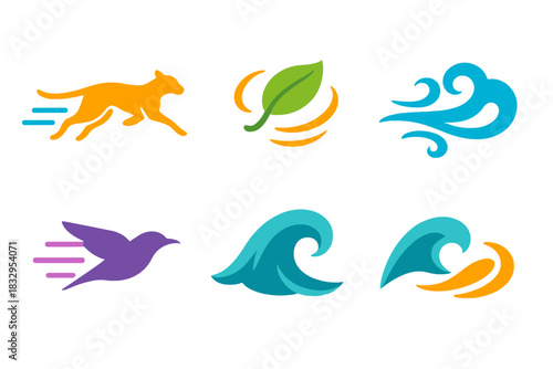 Nature's Dynamic Motion. Nature Speed flat icon set: running animal silhouette, wind streak, river rush, falling leaf swirl, storm gust, fast bird icon, wave surge, motion trail