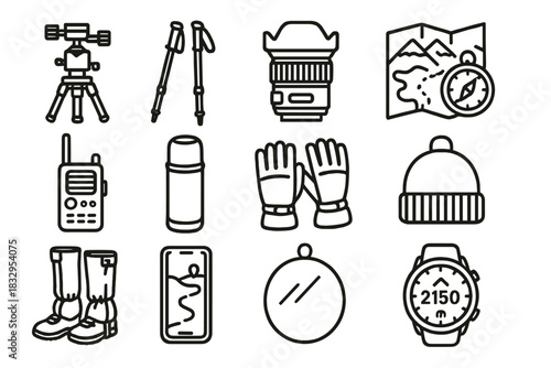 Mountain Adventure Essentials. Mountain Landscape Photo Workshop linear icon set: panoramic tripod head, hiking poles, ultrawide lens, map and compass, weather radio, thermos