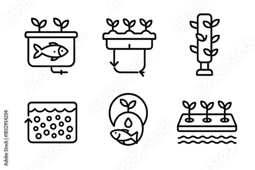 Integrated Cultivation Icons. Integrated Cultivation Systems Set linear icon set: aquaponics tank, nutrient flow, hydroponic tower, biofilter icon, balanced ecosystem symbol, plant