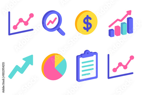 Modern Market Icons. Market Trends flat icons set. line graph, magnifying glass, dollar sign, bar chart, upward arrow, pie chart, clipboard, trend line