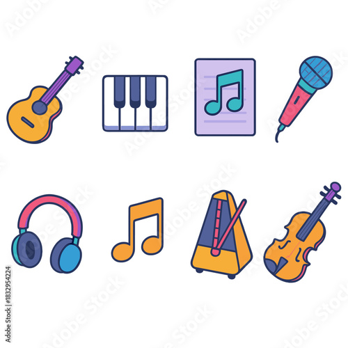 Music Lesson Icons. Music Lessons flat icons set. guitar, piano keys, sheet music, microphone, headphones, music note, metronome, violin