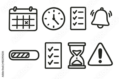 Doodle Deadline Icons. Deadline Management set of icons in doodle hand-drawn vector style: calendar icon, clock, task list, alarm bell, progress bar, checklist, hourglass, alert