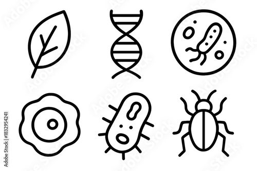 Biology Icons Collection. Biology Studies linear icon set. leaf, DNA strand, petri dish, bacteria, cell, insect