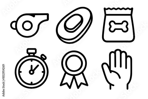 Training Tools Icons. Training Time linear icon set: whistle, clicker, treat bag, stopwatch, ribbon, high five