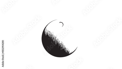 Minimalistic black and white crescent moon graphic with textured shading and abstract silhouette.