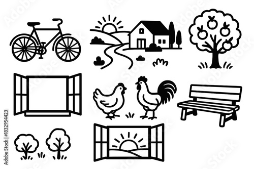 Countryside Escape Icons. Countryside Escape linear icon set: bicycle, dirt path, farmhouse view, apple tree, chickens, open window, wooden bench, sunset