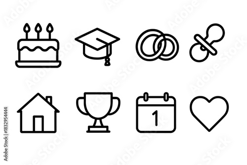 Life Milestone Icons. Life Milestones Essentials linear icon set: birthday cake, graduation cap, wedding rings, baby pacifier, home symbol, trophy, calendar date, heart icon