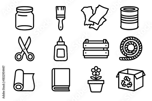 Upcycling Craft Icons. Upcycling Projects linear icon set: glass jar, paintbrush, fabric scraps, tin can, scissors, glue bottle, wooden crate, rope, paper roll, old book, flower