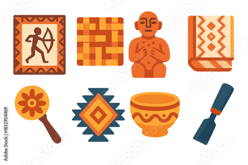 Vibrant Cultural Icons. Global Ethnic Designs flat icons set. tribal painting, woven mat, clay sculpture, embroidered cloth, musical rattle, cultural motif, patterned bowl, artisan