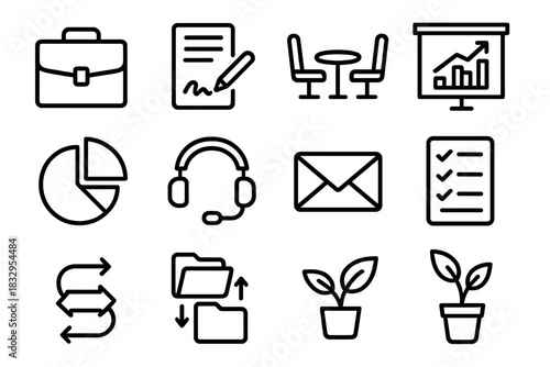 Corporate Icon Set. Professional Cooperation linear icon set: briefcase, contract sheet, agreement signature, meeting chairs, presentation screen, shared pie chart, communication