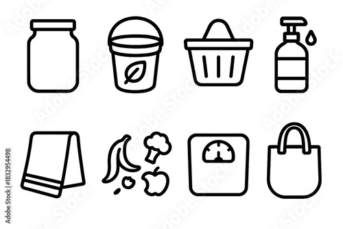 Minimal Waste Icons. Minimal Waste Habits linear icon set: bulk store jar, compost bucket, shopping basket, refill bottle, fabric towel, food scraps, weighing scale, cloth bag