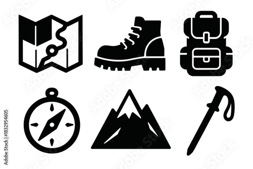 Brutalist Hiking Icons. Mountain Hiking silhouette icon set: trail map, hiking boots, backpack, compass, mountain peak, walking stick