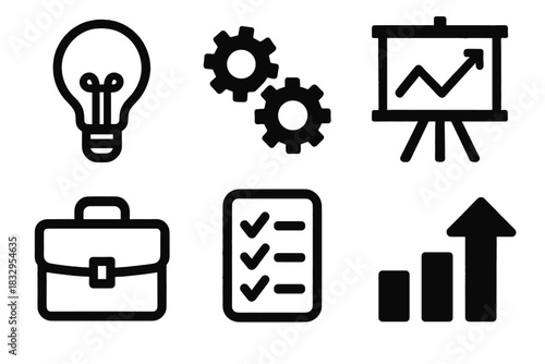Brutalist Business Icons. Business problem solving silhouette icon set. light bulb, gears, chart board, briefcase, checklist, upward arrow.