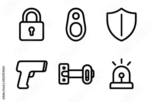 Security Icon Set. Anti-Theft Measures linear icon set: padlock, security tag, protective shield, barcode scanner, reinforced latch, alert beacon