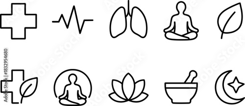 Healthcare and wellness icons set. Medical doctor, fitness, healthy lifestyle, outline vector symbols