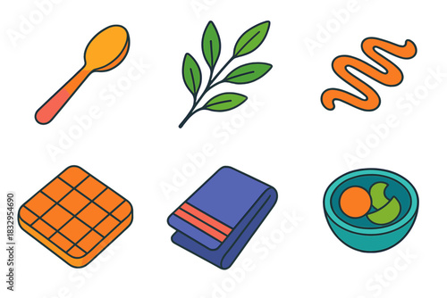 Colorful Kitchen Icons. Creative Styling flat icon set: spoon, herbs, sauce drizzle, grid layout, towel, ingredient bowl