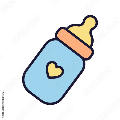 Baby feeding bottle with yellow heart symbol on light blue background flat vector art minimalist clean sticker style 2d illustration