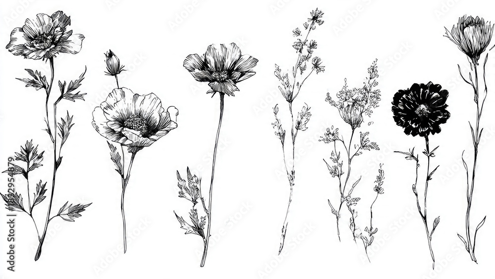Obraz premium A collection of elegant black and white botanical line art drawings showcasing different flowers, delicate stems, and leaves in an illustrative style.