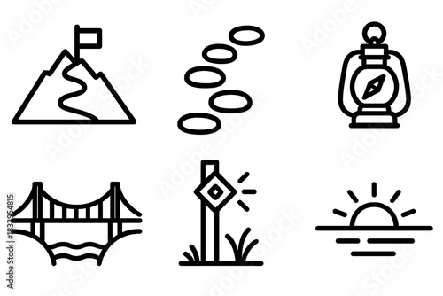 Courage Journey Icons. Courage Journey linear icon set: mountain path, flag summit, stepping stones, compass, lantern light, bridge span, trail marker, horizon line