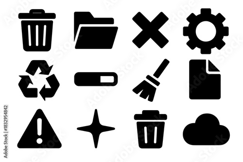 Bold Cleanup Icons. Digital Cleanup silhouette icon set. trash can, folder, delete icon, gear, recycle symbol, progress bar, broom, file, warning sign, spark, bin, cloud.