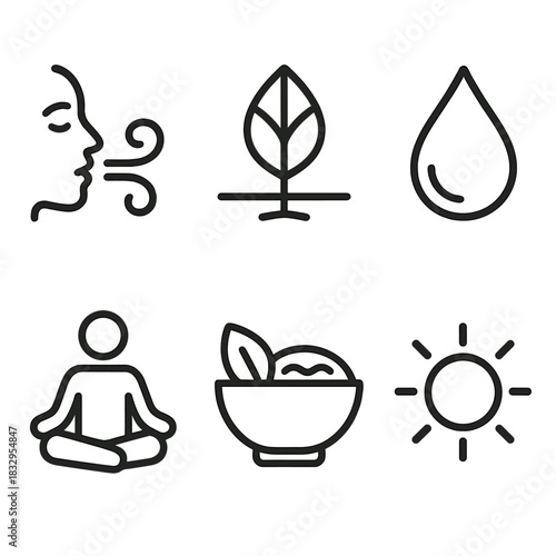 Wellness Icon Set. Wellness linear icon set: calm breath swirl, balanced leaf, hydration droplet, restful posture, nourishing bowl, gentle glow