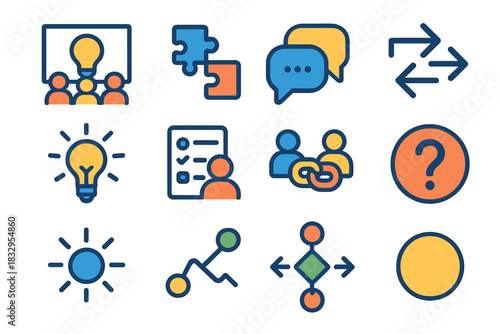 Collaborative Problem Solving. Collaborative Problem Solving Pack flat icon set: group idea board, linked puzzles, communication bubbles, workflow arrows, insight spark, shared