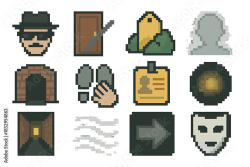 Undercover Icon Set. Undercover Infiltration pixel style icon set: disguise icon, quiet door, hidden tag, blurred profile, secret passage, muted steps, confidential badge, dim aura
