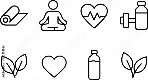 Healthcare and wellness icons set. Medical doctor, fitness, healthy lifestyle, outline vector symbols