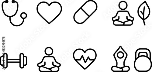 Healthcare and wellness icons set. Medical doctor, fitness, healthy lifestyle, outline vector symbols
