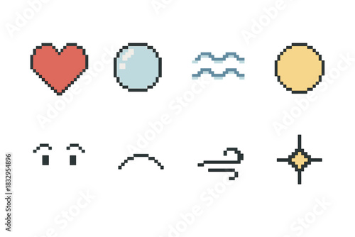 Emotional Icons Collection. Emotional Transparency Set pixel style icon set: open heart, reflective bubble, calm wave, soft glow circle, lifted gaze, gentle arc, clear breath line