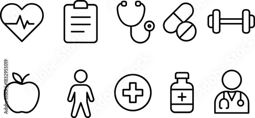 Healthcare and wellness icons set. Medical doctor, fitness, healthy lifestyle, outline vector symbols