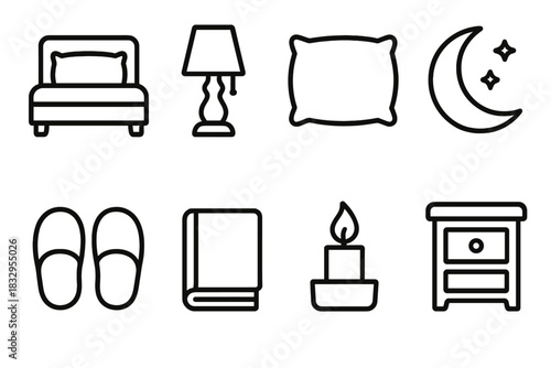 Nighttime Essentials Icons. Restful Night Set linear icon set. bed, lamp, pillow, slippers, book, moon, candle, nightstand.