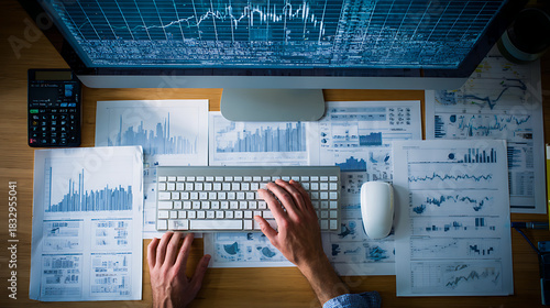 Person typing on keyboard surrounded by financial charts and graphs computer mouse