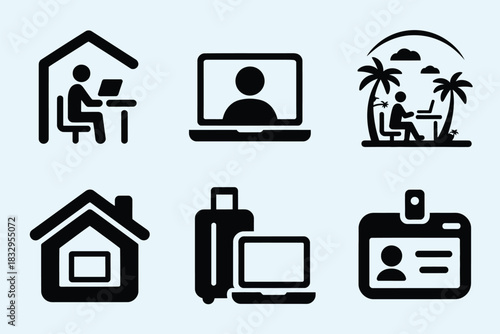 working from home and remote work icon set, solid black vector icons depicting freelancing, digital nomad life, online work, home office, laptop travel, portfolio management, and professional business