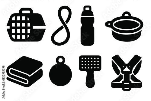 Travel Pet Gear Icons. Travel Pet Accessories Collection silhouette icon set: carrier, leash, water bottle, collapsible bowl, blanket, tag, brush, harness