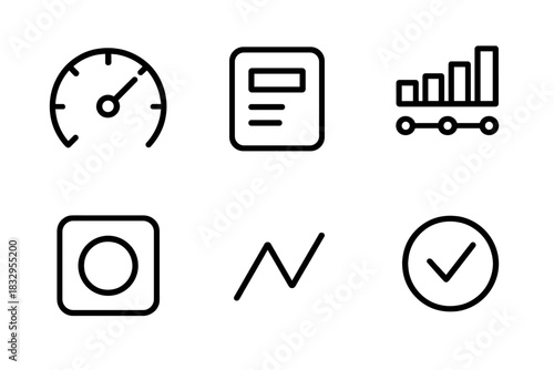Dashboard Icons Display. Dashboard Visualization Set linear icon set: KPI dial, card widget, timeline bar, metric block, sparkline, status indicator