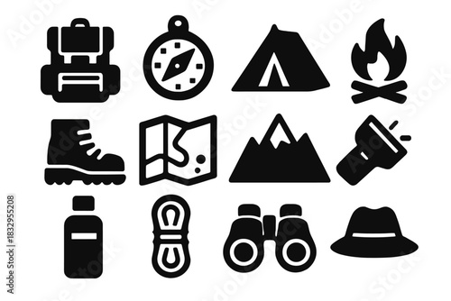 Outdoor Adventure Essentials. Adventure Outdoors silhouette icon set: backpack, compass, tent, campfire, hiking boots, map, mountain, flashlight, water bottle, rope, binoculars