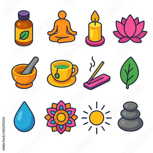 Isometric Wellness Icons. Natural Health Practices flat icons set. herbal bottle, yoga figure, candle, lotus flower, pestle bowl, tea cup, incense stick, leaf, droplet, mandala