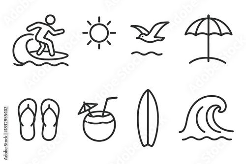 Surfing Adventure Icons. Surfboard activity concept linear icon set: surfer on board, ocean wave, sun, seagull, beach umbrella, flip flops, coconut, surfboard