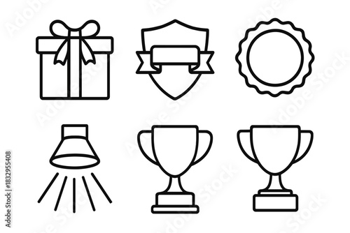 Iconic Product Symbols. Special Release Set linear icon set. product package, ribbon, shield icon, stamp, light beam, trophy