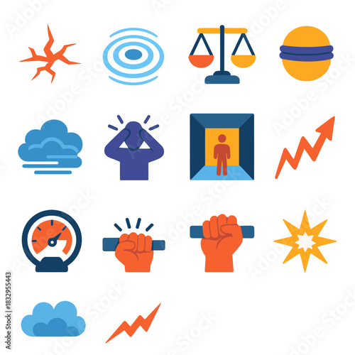 Icons of Pressure. Under Strain flat icon set: cracked surface, strain ripple, weighted scale, tight band, dense fog icon, stressed figure, narrow tunnel, sharp zigzag, pressure