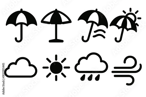 Weather Protection Icons. Weather protection silhouette icon set: umbrella canopy, sunshade parasol, stormproof umbrella, UV-protective umbrella, cloud icon, sun rays, rain cloud