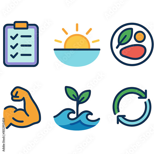 Healthy Lifestyle Icons. Healthy habits themes flat icon set: routine checklist, morning sun, peaceful night, balanced plate, strength icon, calm wave, growth sprout, healthy cycle