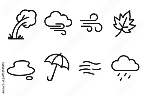 Windy Weather Icons. Windy weather concept linear icon set: bent tree, cloud, gust mark, leaf, puddle, umbrella, blowing line, sky symbol
