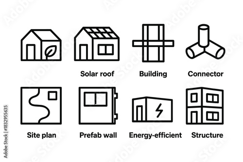 Eco Architecture Icons. Sustainable Modular Architecture linear icon set: eco module, solar roof, building frame, connector joints, site plan, prefab wall section, energy-efficient
