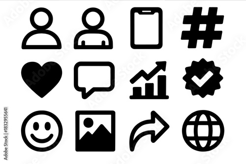 Bold Digital Icons. Social Digital Identity silhouette icon set. avatar icons, smartphone, hashtag, heart icon, comment bubble, followers graph, verified badge, emoji face, photo