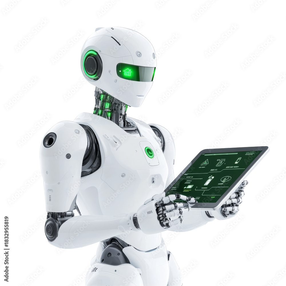 Fototapeta premium Futuristic white humanoid robot holding tablet with green interface