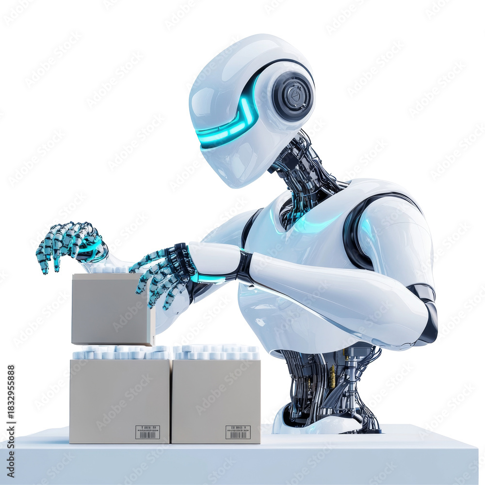 Naklejka premium Futuristic humanoid robot organizing boxes with precision and technology