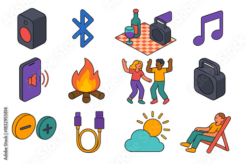 Vibrant Outdoor Sound Icons. Outdoor Sound flat icons set. compact speaker, Bluetooth icon, picnic setup, music notes, phone connection, campfire glow, friends dancing, portable