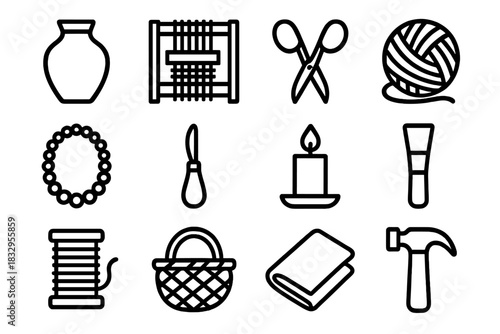 Craft Tools Icons. Handcrafted Creations linear icon set: pottery vase, loom, scissors, yarn ball, beaded necklace, carving tool, candle, brush, thread spool, basket, fabric